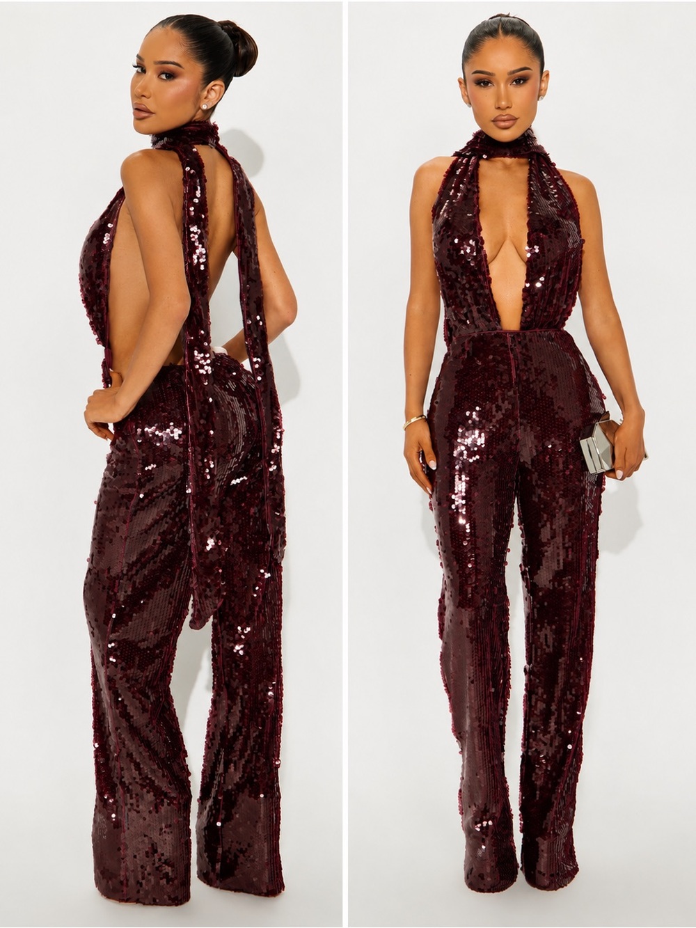 Fashion Nova Burgundy Sequin Halter Deep V Jumpsuit